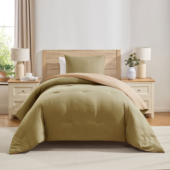 Virtu Comforter Sets, All Season Lightweight Reversible Twin Comforter Sets, 2-Pc Bedding Sets, Khaki/Beige