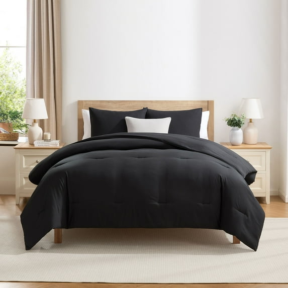 Virtu Comforter Sets, All Season Lightweight Solid Queen Comforter Set, 3-Pc Bedding Sets, Black