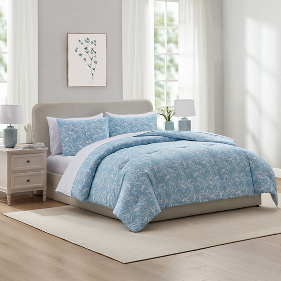 Virtu King Comforter Set, Biomorphic Design King Size Comforter Set, 7-Pc All Season Bedding Comforter Set, Blue