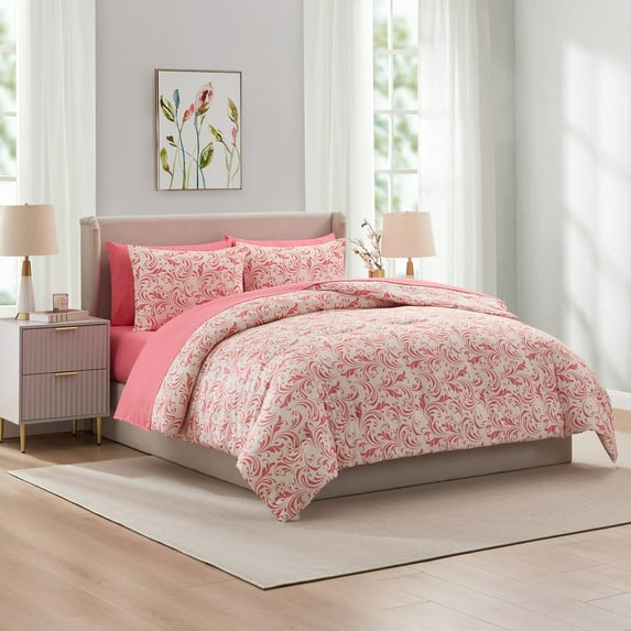 Virtu King Comforter Set, Biomorphic Design King Size Comforter Set, 7-Pc All Season Bedding Comforter Set, Pink