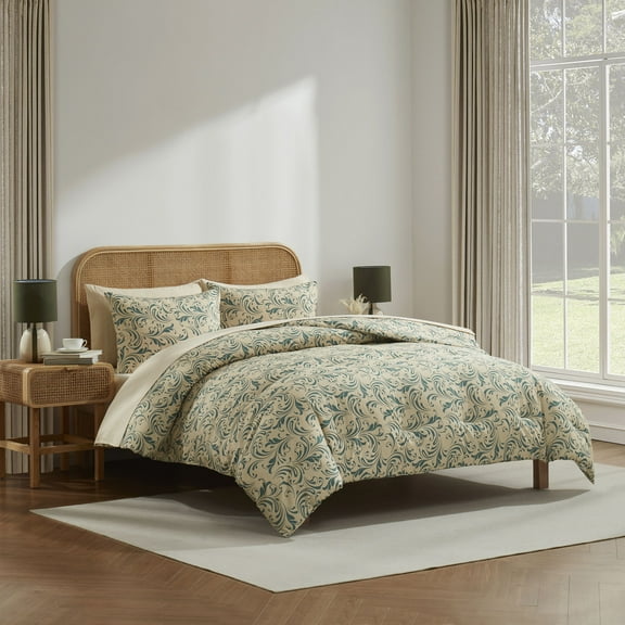 Virtu Queen Comforter Set, 7pc Bed in a Bag, Biomorphic Design Bedding Comforter Sets Queen, Cream