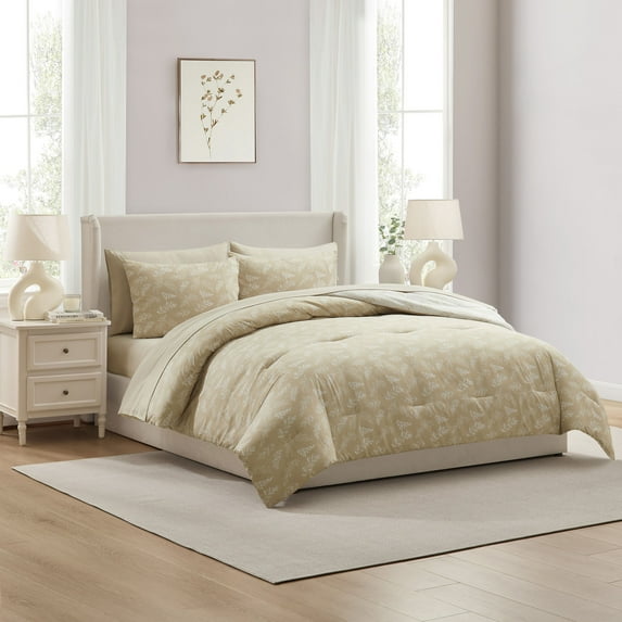 Virtu Full Comforter Set, Botanical Full Size Comforter Set, 7-Pc All Season Bedding Comforter Set, Oatmeal/Offwhite
