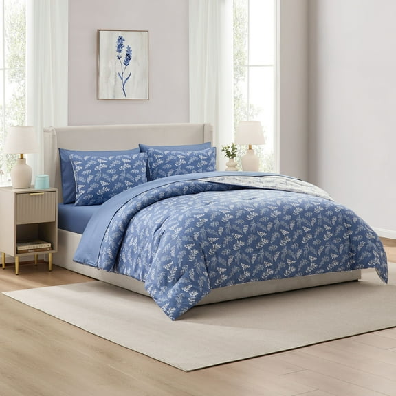 Virtu Full Comforter Set, Botanical Full Size Comforter Set, 7-Pc All Season Bedding Comforter Set, Slate Blue/Cloud Stone