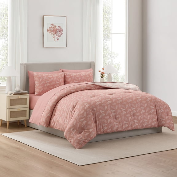 Virtu Twin Comforter Set, Botanical Twin Size Comforter Set, 5-Pc All Season Bedding Comforter Set, Bali Blush/Porcelain Glow