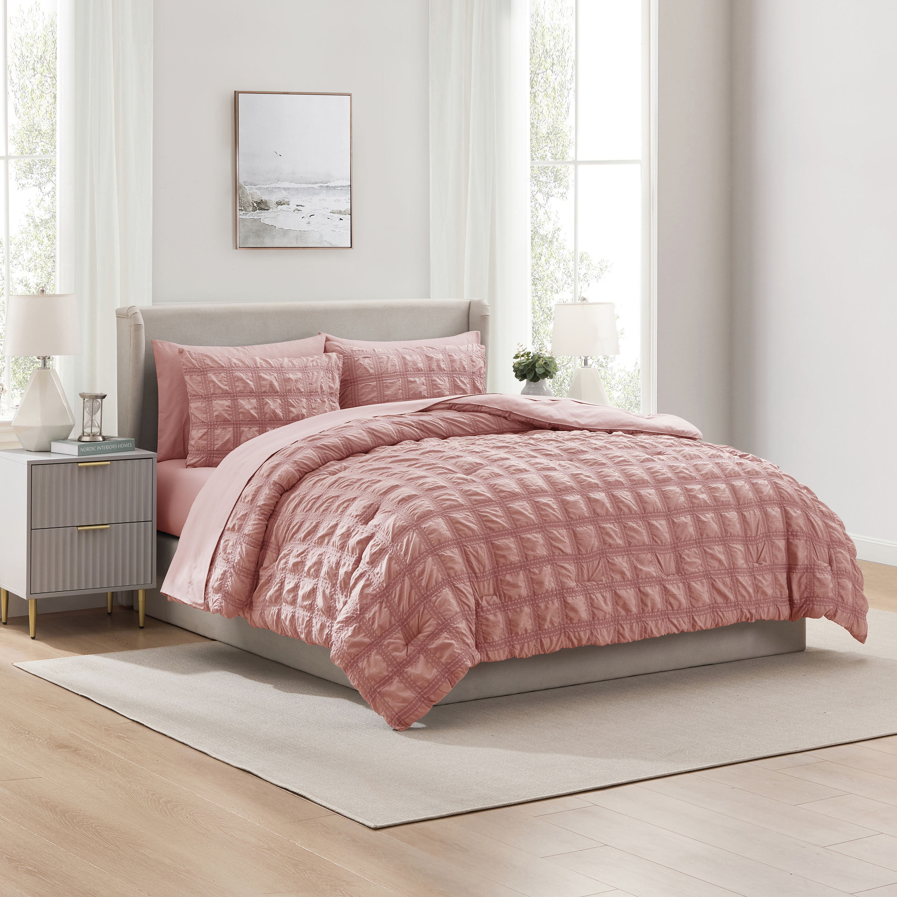 Virtu Queen Comforter Set, Seersucker Queen Size Comforter Set, 7-Pc All Season Bedding Comforter Set, Bali Blush