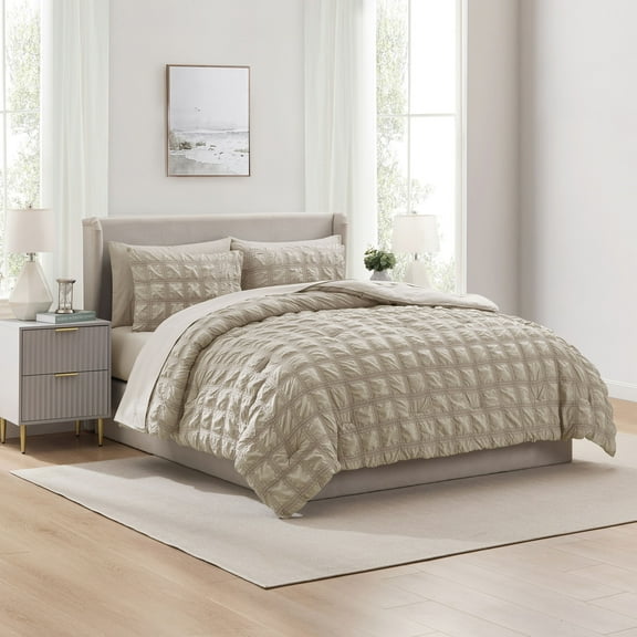 Virtu Twin Comforter Set, Seersucker Twin Size Comforter Set, 5-Pc All Season Bedding Comforter Set, Oatmeal