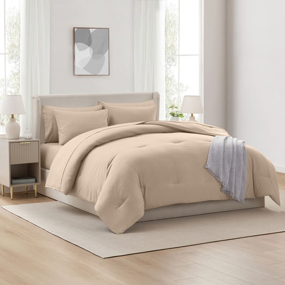 Ravure Queen Comforter Set, Modern Solid Queen Size Comforter Set, 7-Pc All Season Bedding Comforter Set, Dune Sand
