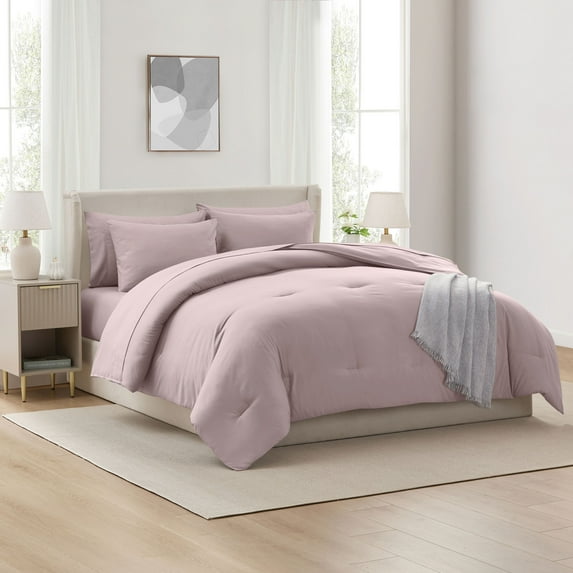 Ravure Queen Comforter Set, Modern Solid Queen Size Comforter Set, 7-Pc All Season Bedding Comforter Set, Light Pink
