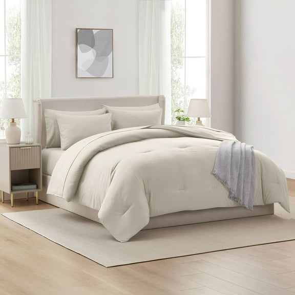 Ravure Queen Comforter Set, Modern Solid Queen Size Comforter Set, 7-Pc All Season Bedding Comforter Set, Oatmeal