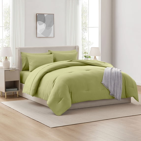 Ravure Queen Comforter Set, Modern Solid Queen Size Comforter Set, 7-Pc All Season Bedding Comforter Set, Olive Green