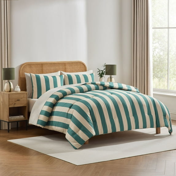 Virtu Full Comforter Set, Striped Full Size Comforter Set, 7-Pc All Season Bedding Comforter Set, Green