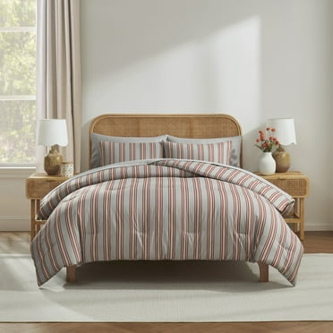 Virtu Queen Comforter Set, 7pc Bed in a Bag, Striped Bedding Comforter Sets Queen, Gray