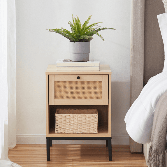 Virtu Nightstand Side Table with Drawer, Rattan End Table for Living Room or Bedroom, Natural