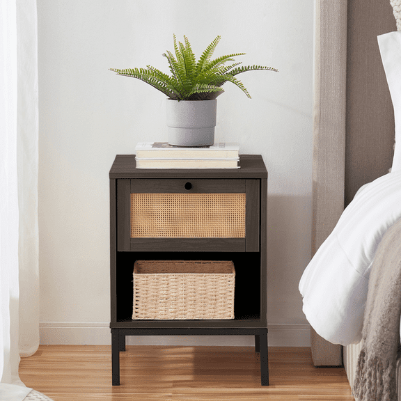 Virtu Nightstand Side Table with Drawer, End Table for Living Room or Bedroom, Black