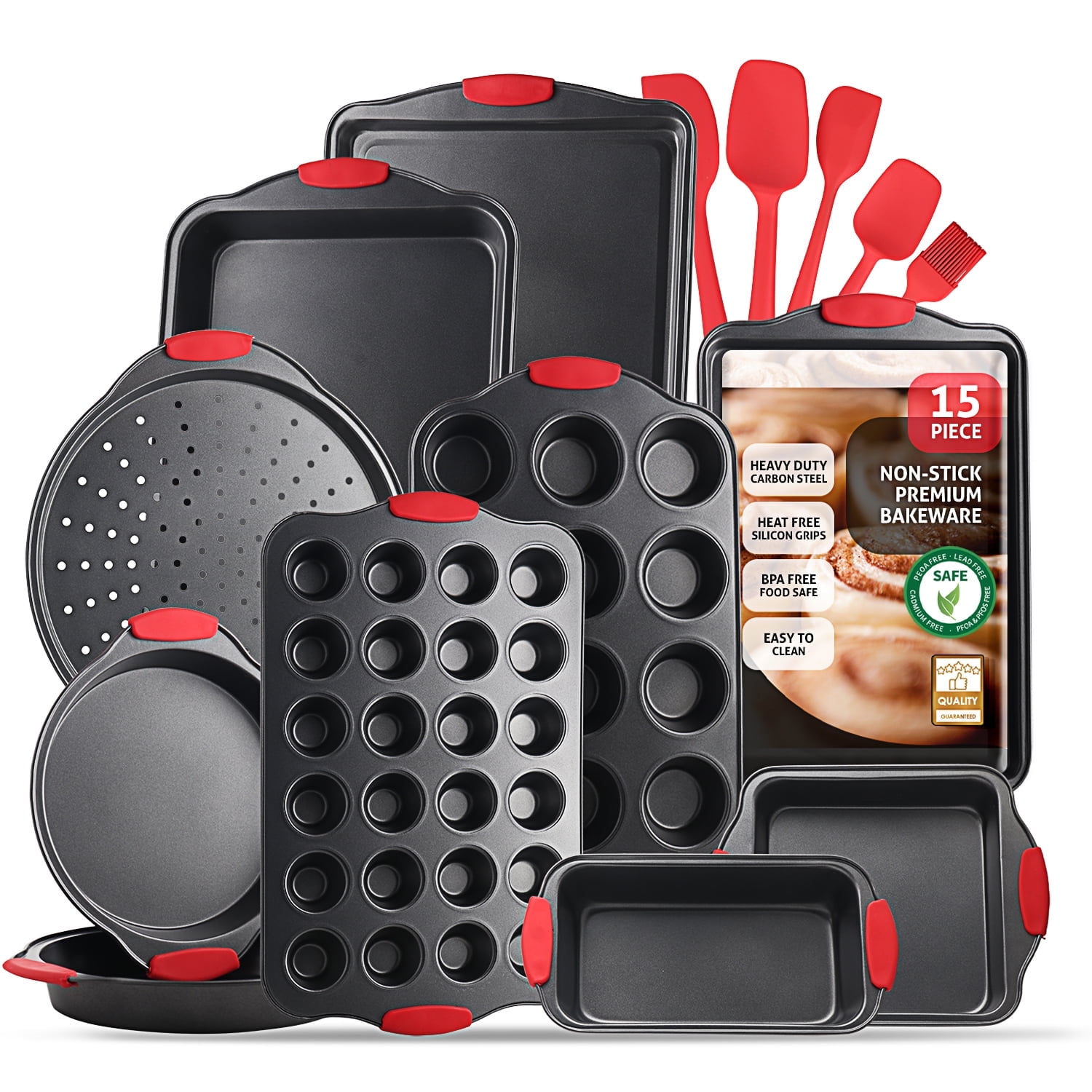 Virtu Bakeware Sets, 15 PC Nonstick Baking Pan Set - Carbon Steel Baking Set with Silicone Handles Including Baking Sheet, Cookie Sheet, Muffin Pan Sheet - Black