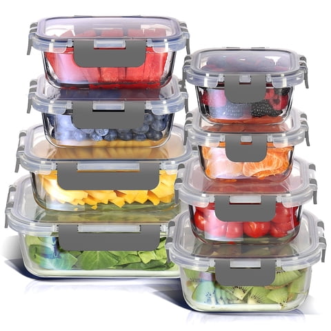 Virtu Oven Safe Glass Meal Prep Containers, 16pc Glass Storage Containers with Lids Airtight