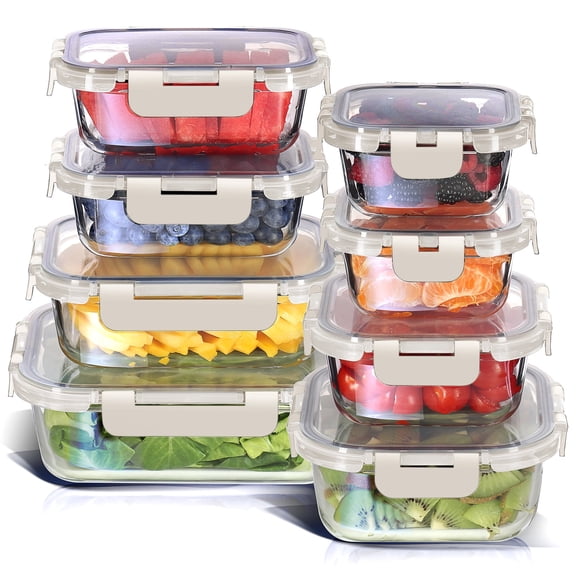 Virtu Oven Safe Glass Meal Prep Containers, 16pc Glass Storage Containers with Lids Airtight