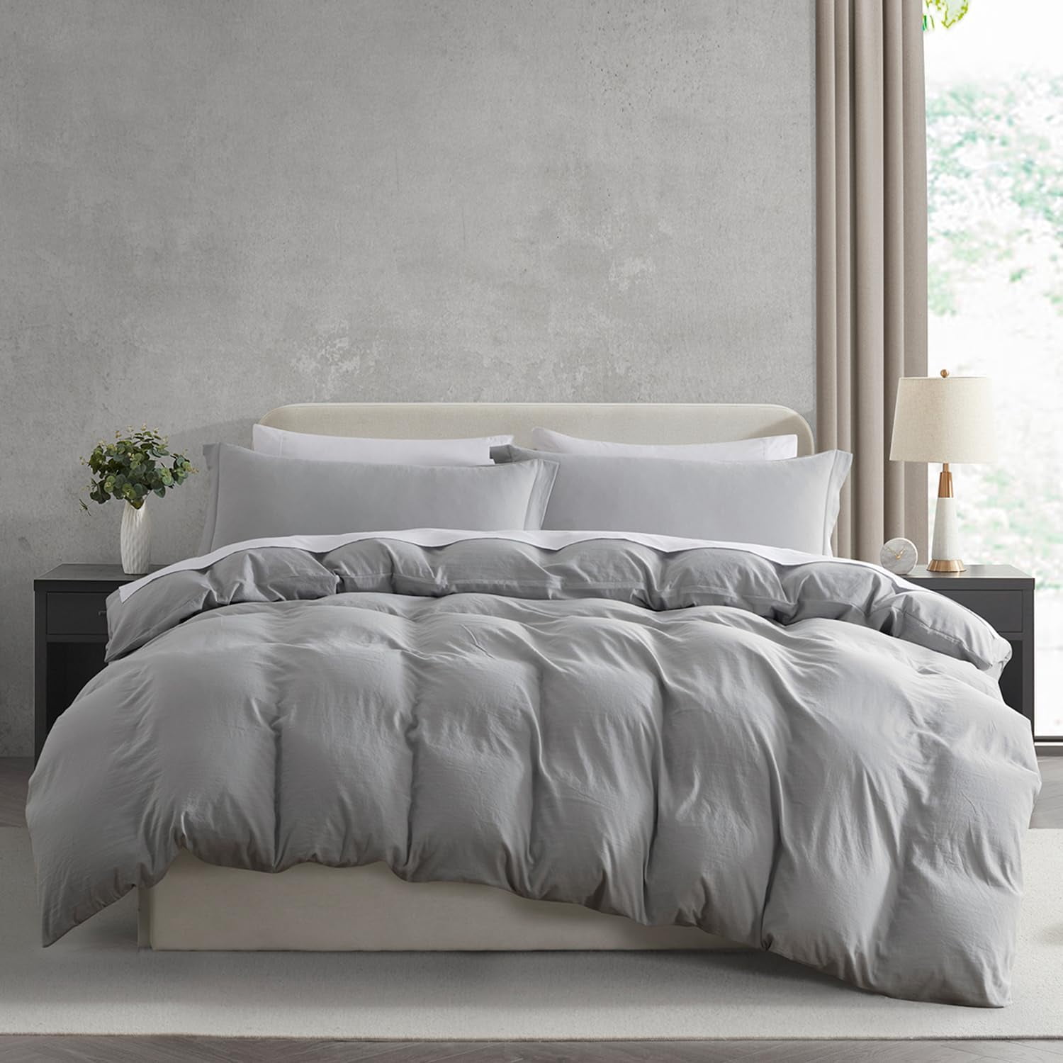 Light Gray and Off White Microfiber Twin/Twin XL Duvet Cover Set