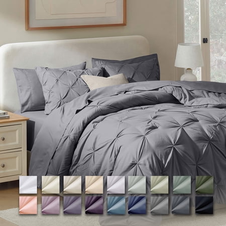 Virtu Queen Comforter Set, 7pc Bed in a Bag, Pleated Bedding Comforter Sets Queen, Dark Grey