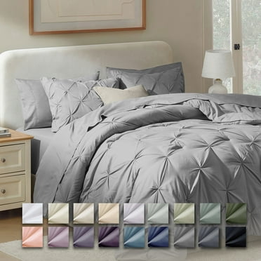 Virtu Queen Comforter Set, 7pc Bed in a Bag, Pleated Bedding Comforter Sets with Sheets, Gray