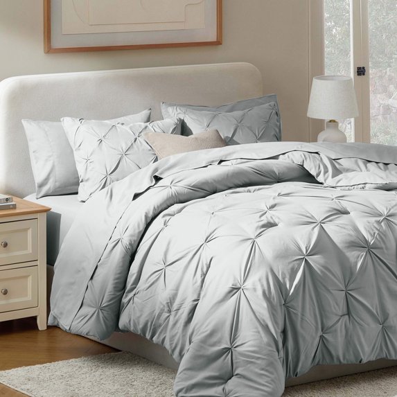 Virtu Queen Comforter Set, 7pc Bed in a Bag, Pleated Bedding Comforter Sets Queen, Light Grey