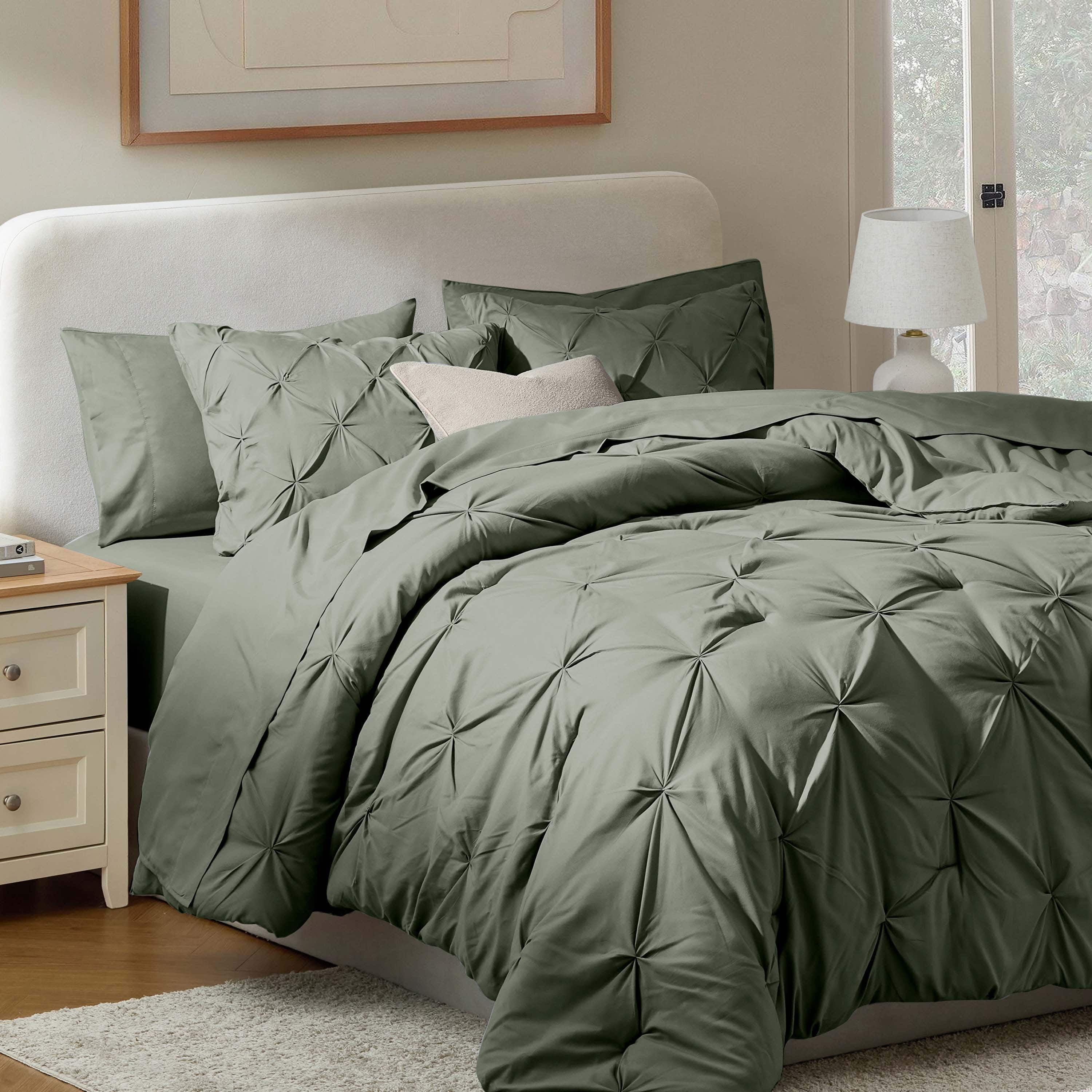 Virtu Queen Comforter Set, 7pc Bed in a Bag, Pleated Bedding Comforter Sets Queen, Olive Green - Walmart.com