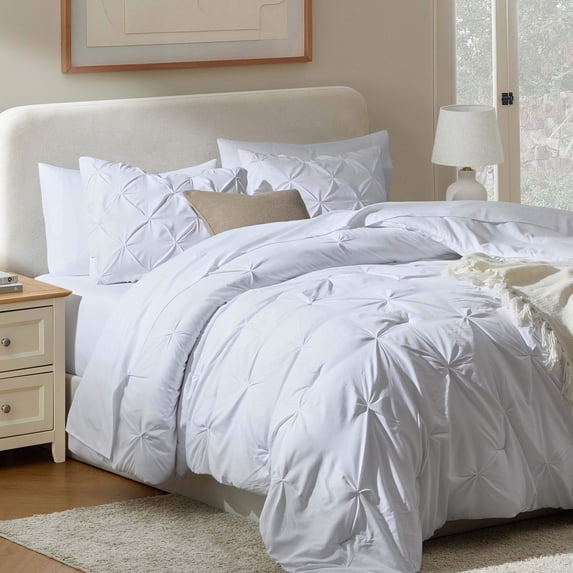 Virtu Queen Comforter Set, 7pc Bed in a Bag, Pleated Bedding Comforter Sets Queen, White