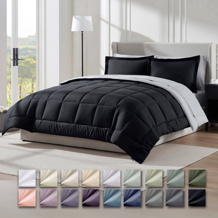 Virtu Queen Comforter Set, 7 Piece Bed in a Bag, Bedding Comforter Sets with Sheets, Reversible Bedding Sets, Black