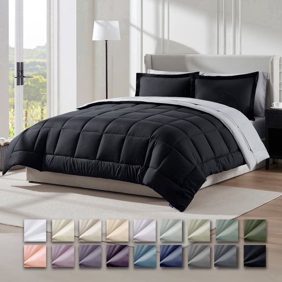Virtu Queen Comforter Set, 7 Piece Bed in a Bag, Bedding Comforter Sets with Sheets, Reversible Bedding Sets, Black