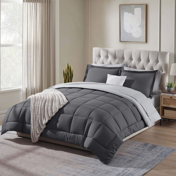 Virtu Queen Comforter Set, 7 Piece Bed in a Bag, Bedding Comforter Set with Sheets, Reversible Bedding Sets, Dark Grey