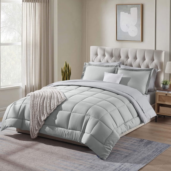 Virtu Queen Comforter Set, Bed in a bag, 7 Pc Reversible Bedding Comforter Set with Sheets, Bedding Set, Gray