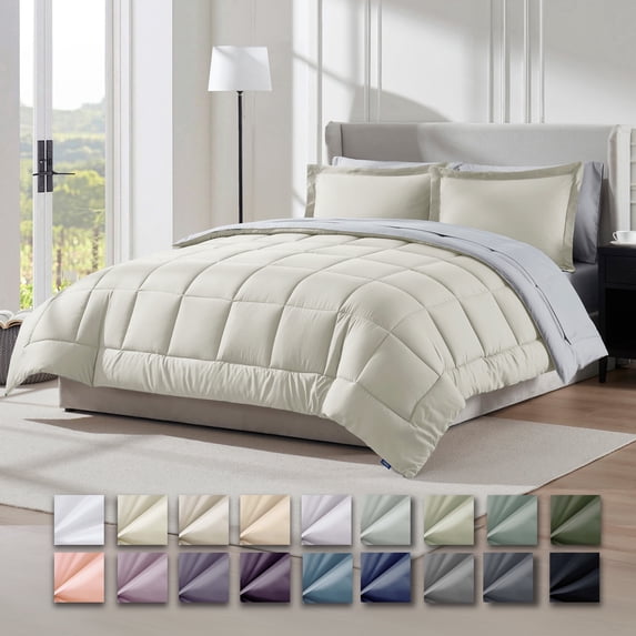 Virtu Queen Comforter Set, 7 Piece Bed in a Bag, Bedding Comforter Sets with Sheets, Reversible Bedding Sets, Off White