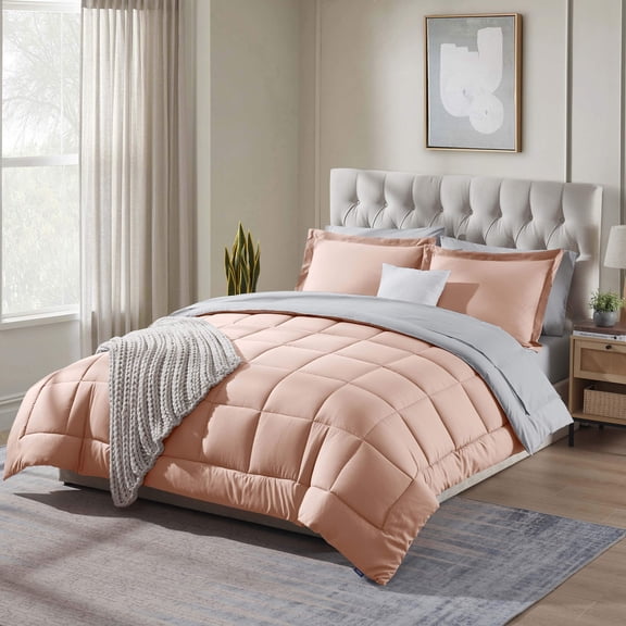 Virtu Queen Comforter Set, 7pc Bed in a Bag, Reversible Bedding Comforter Sets with Sheets, Peach Beige