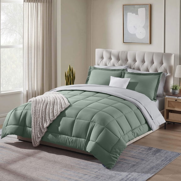 Virtu Queen Comforter Set, 7pc Bed in a Bag, Reversible Bedding Comforter Sets with Sheets, Sage Green