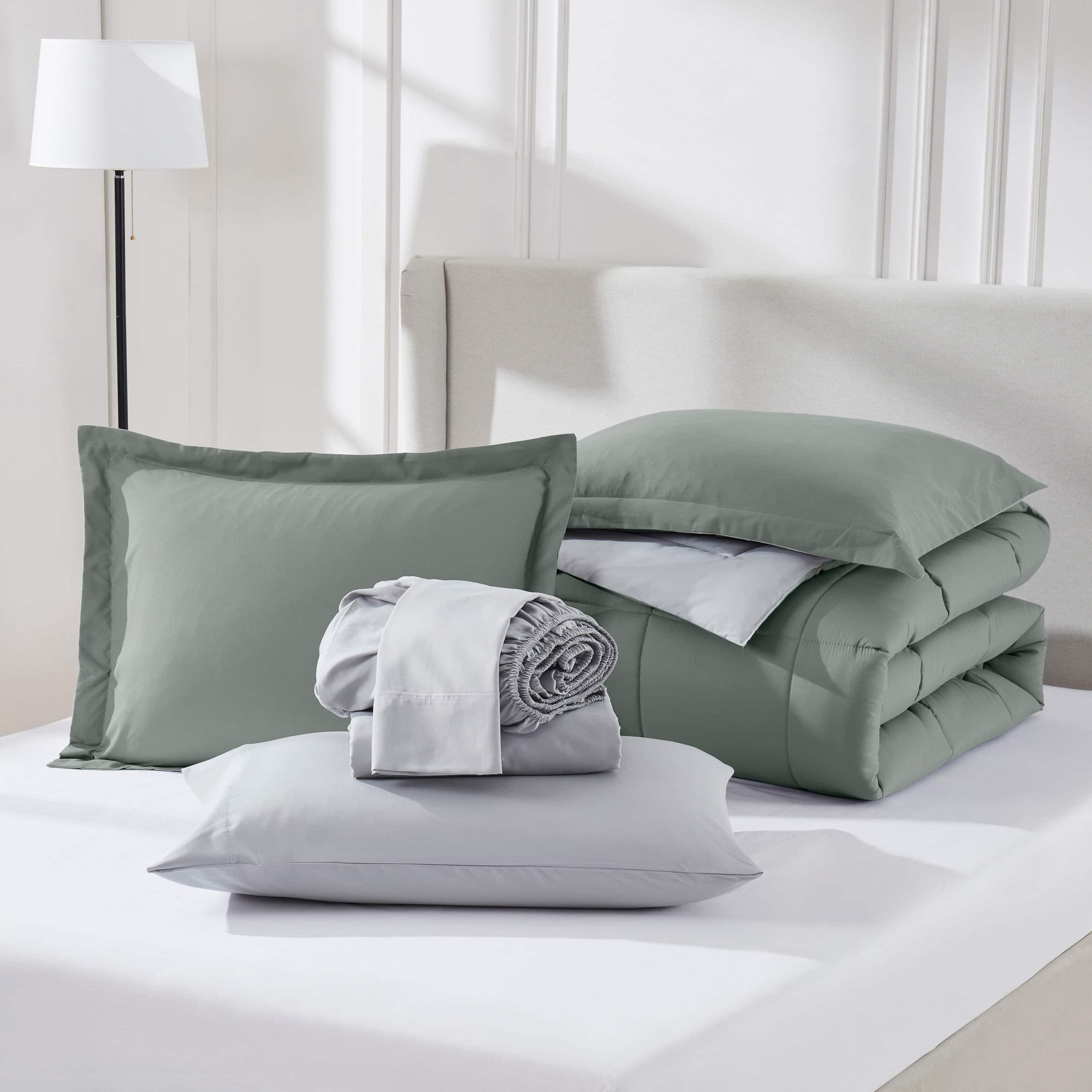 Virtu Queen Comforter Set, 7pc Bed in a Bag, Reversible Bedding Comforter Sets with Sheets, Sage Green