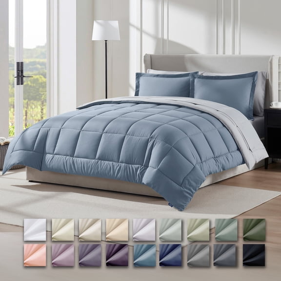 Virtu Queen Comforter Set, Bed in a bag, 7 Pc Reversible Bedding Comforter Set with Sheets, Bedding Set, Stone Blue