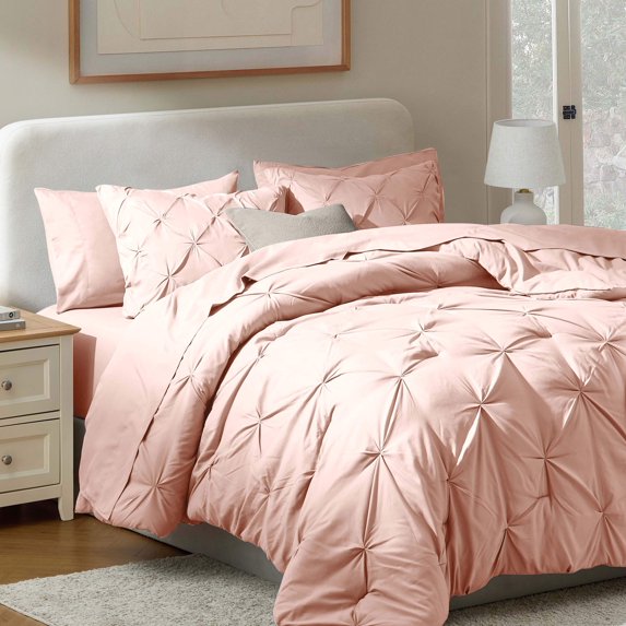 Virtu Queen Comforter Set, 7pc Bed in a Bag, Pleated Bedding Comforter Sets Queen,Peach Beige