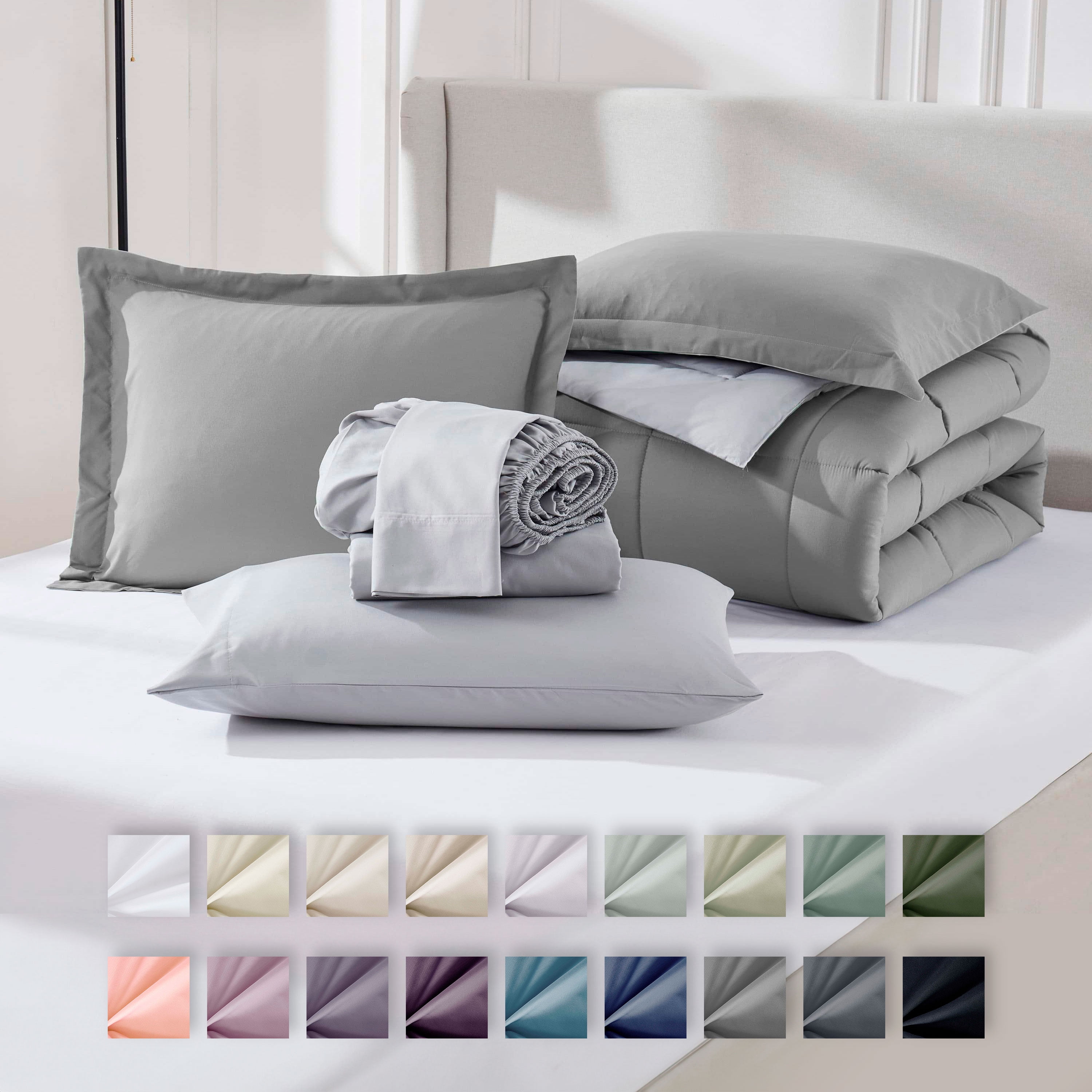 Virtu Queen Comforter Set, 7 Piece Bed in a Bag, Bedding Comforter Set with Sheets, Reversible Bedding Sets, Gray
