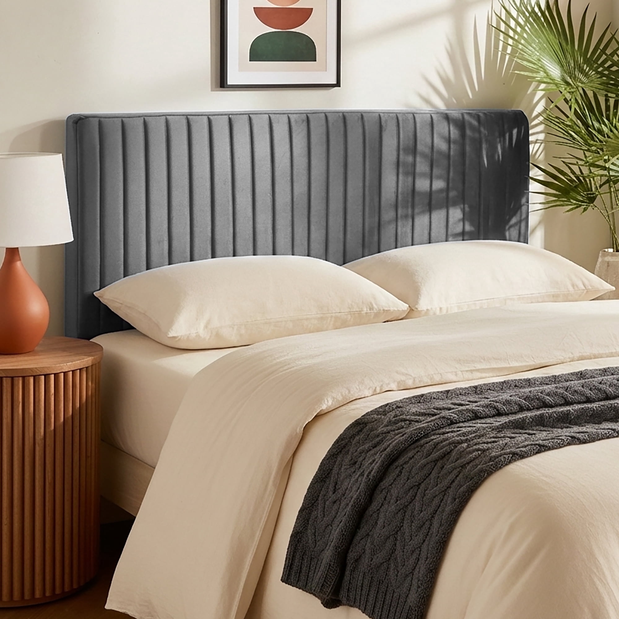 Virtu Queen Headboard No Tools Required Peel and Stick Upholstered Velvet Bed Headboard Only, Gray