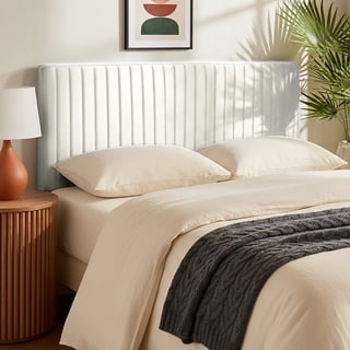 Virtu Queen Headboard No Tools Required Peel and Stick Upholstered Velvet Bed Headboard Only, Off -White
