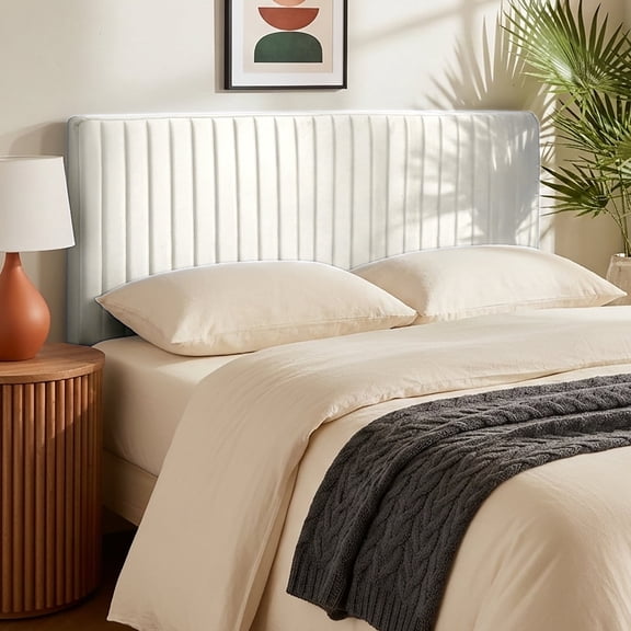 Virtu Queen Headboard No Tools Required Peel and Stick Upholstered Velvet Bed Headboard Only, Off -White