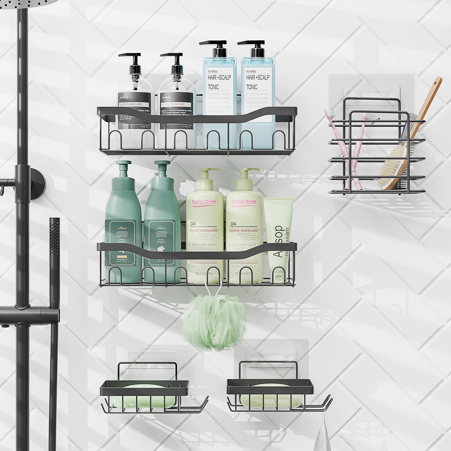 Virtu 5 Pack Adhesive Shower Caddy Organizer, Heavy Duty Stainless Steel Rustproof Shower Caddy, Gray