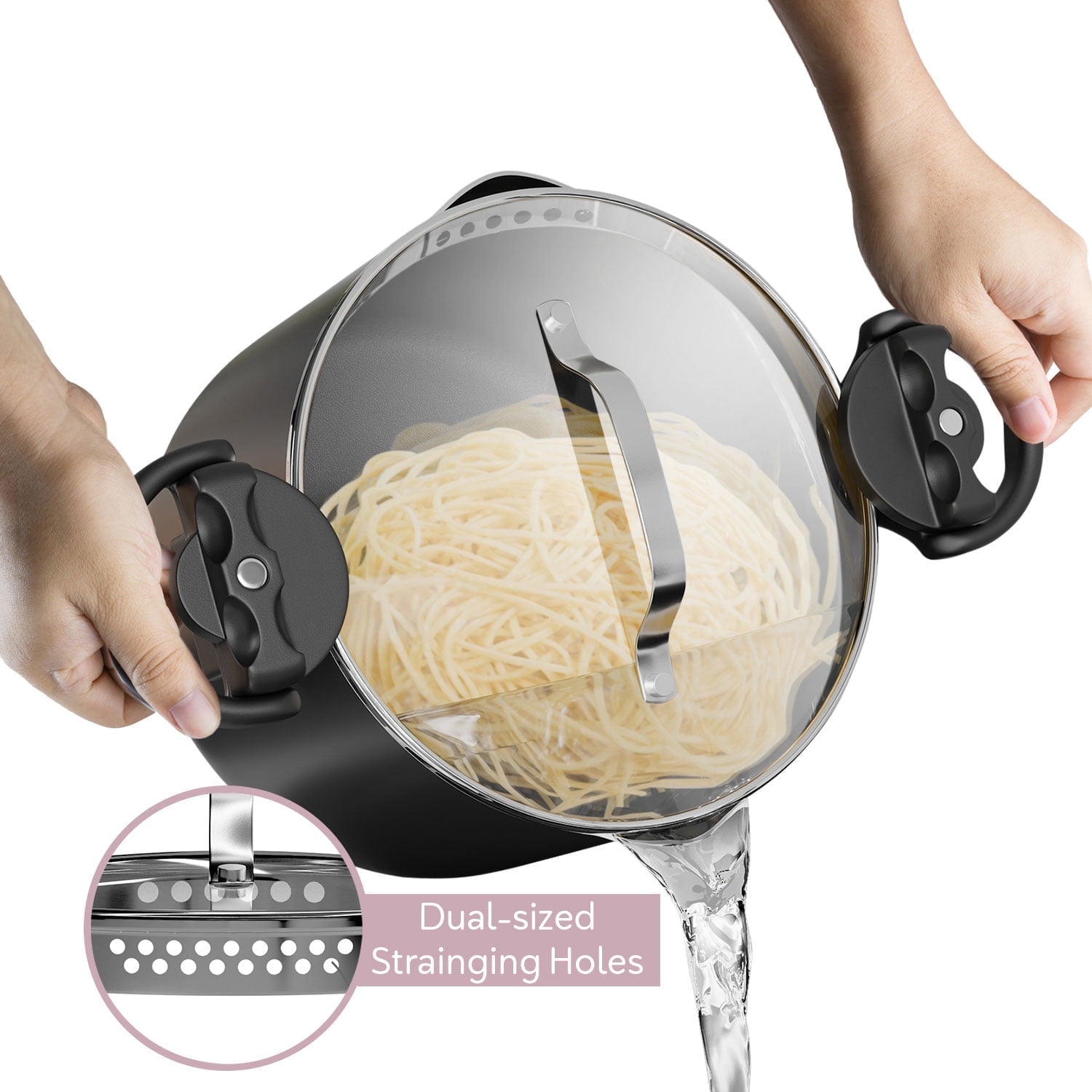 Virtu Stock Pot, 5 Quart Large Cooking Pots, Ceramic Stock Pot, Strainer Lid Soup Pot, Multi-Purpose Pasta Pot, Nonstick Dishwasher Safe, Black