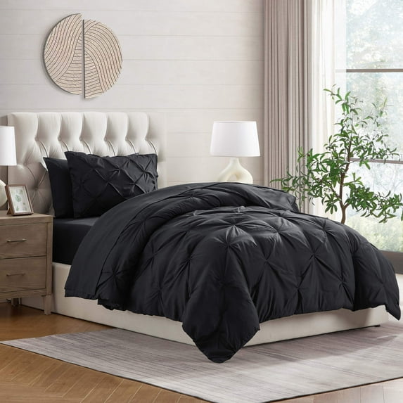 Virtu Twin Comforter Set, 7pc Bed in a Bag, Pleated Bedding Comforter Sets with Sheets, Black