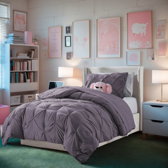 Virtu Twin Comforter Sets, 5pc Twin Bed in a Bag, Pleated Twin Bedding Comforter Sets Twin with Sheets, Dusty Purple