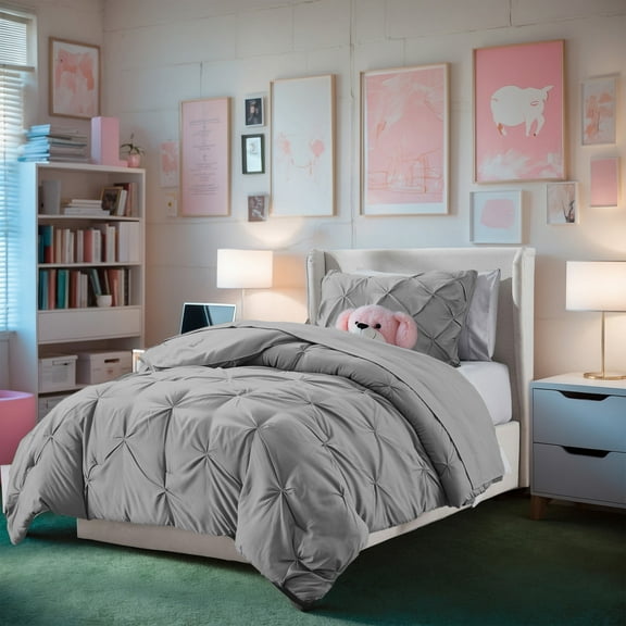 Virtu Twin Comforter Sets, 5pc Twin Bed in a Bag, Pleated Twin Bedding Comforter Sets Twin with Sheets, Gray/Silver