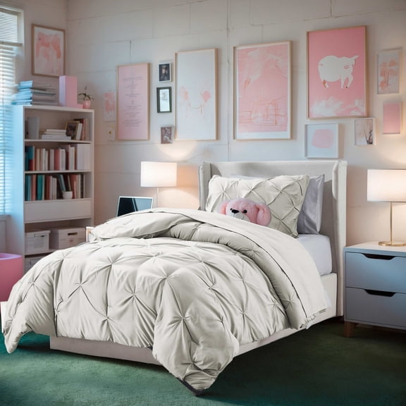 Virtu Twin Comforter Set, 7pc Bed in a Bag, Pleated Bedding Comforter Sets with Sheets, Off White