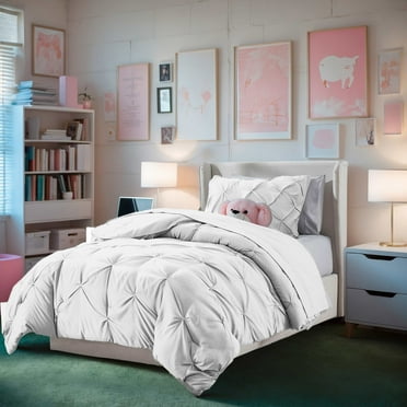 Virtu Twin Comforter Set, 7pc Bed in a Bag, Pleated Bedding Comforter Sets with Sheets, White