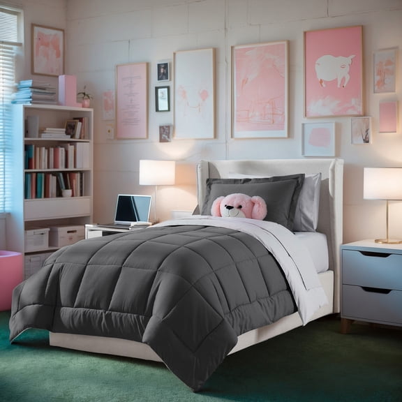 Virtu Twin Comforter Set, 7pc Bed in a Bag, Reversible Bedding Comforter Sets with Sheets, Dark Grey