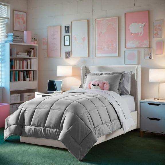 Virtu Twin Comforter Set, Bed in a bag, 7 Pc Reversible Bedding Comforter Set with Sheets, Bedding Set, Gray